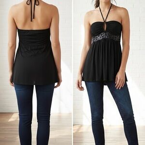 SKY BLACK LASER CUT LEATHER CORSET DRAPEY SEXY HALTER TOP MEDIUM MINT LIKE NEW